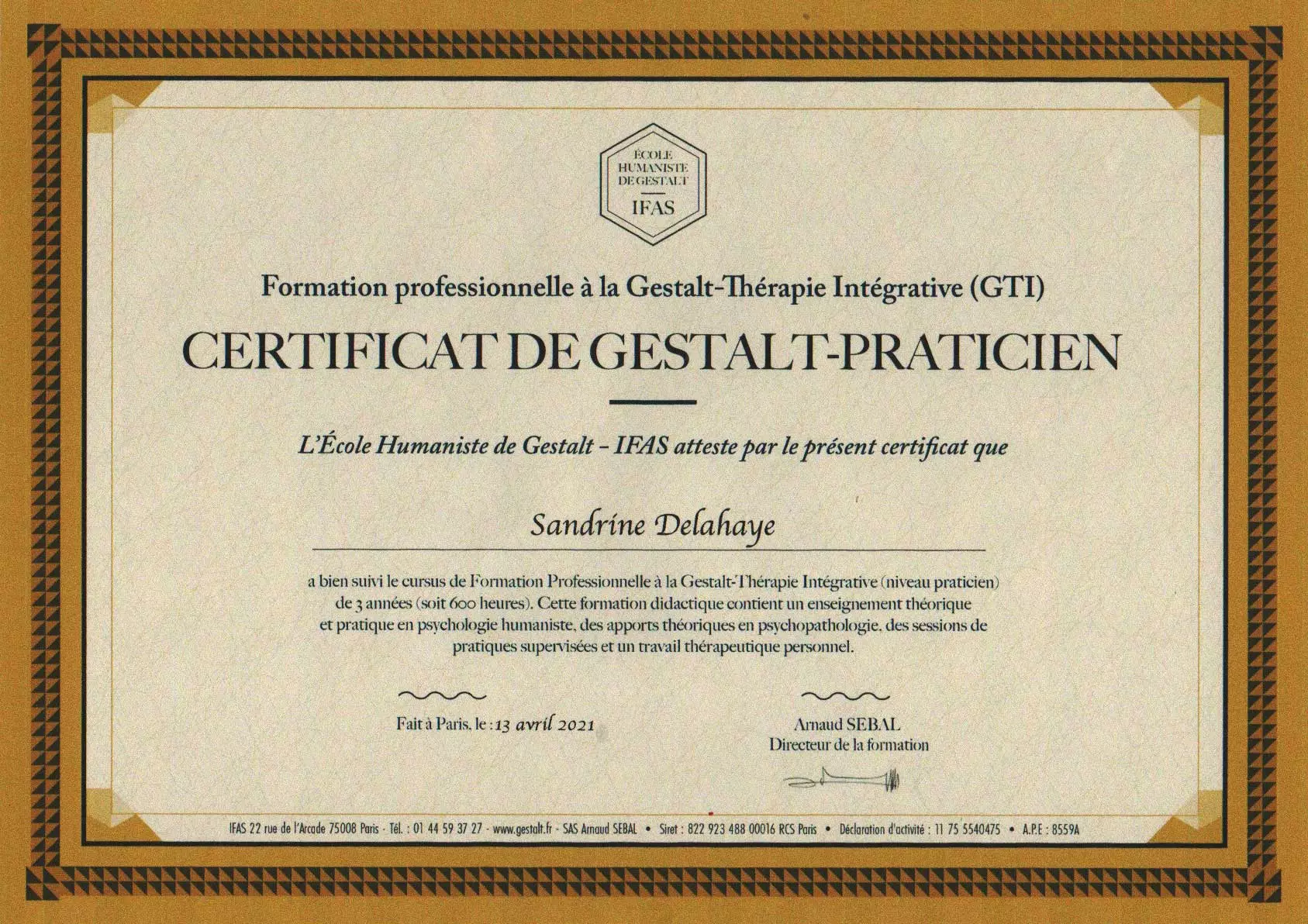 IFAS Diplôme Gestalt Sandrine DELAHAYE